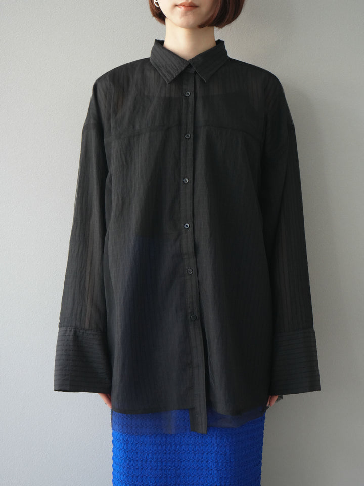 【預購】薄紗對接透視條紋大袖口oversized襯衫/黑色