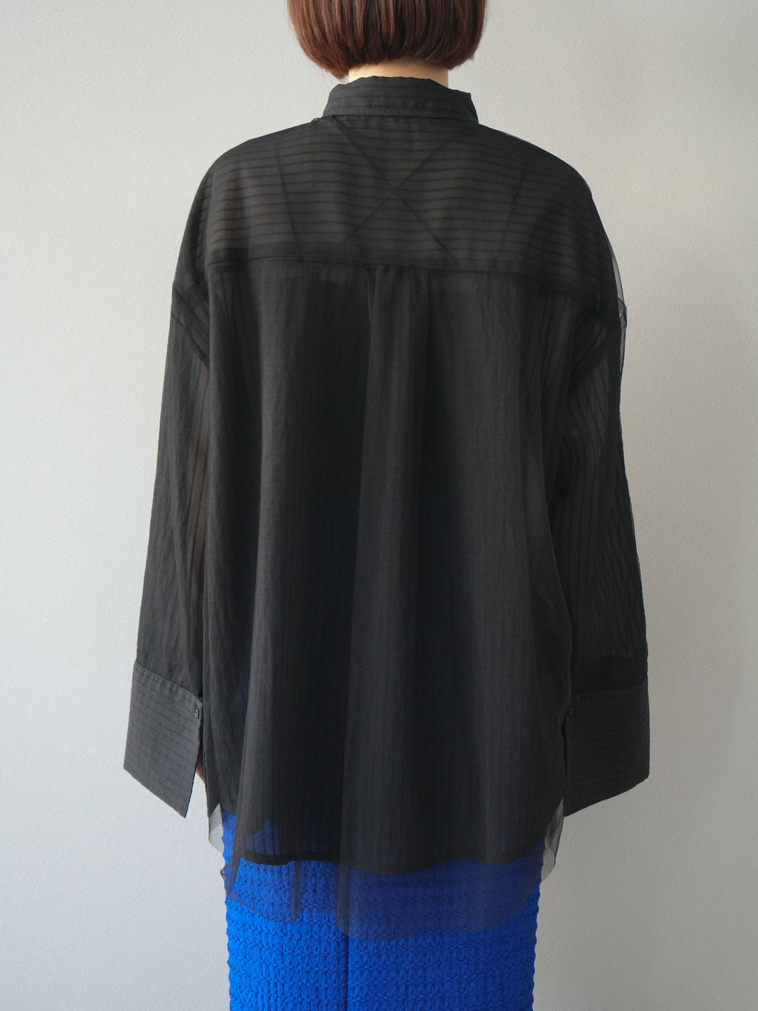 【預購】薄紗對接透視條紋大袖口oversized襯衫/黑色