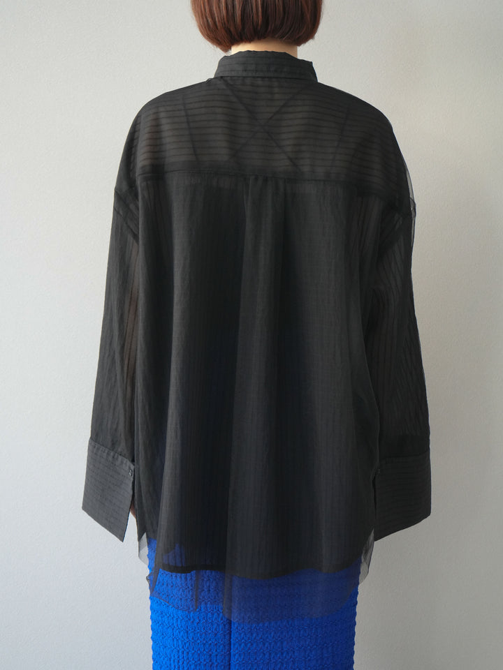 【預購】薄紗對接透視條紋大袖口oversized襯衫/黑色