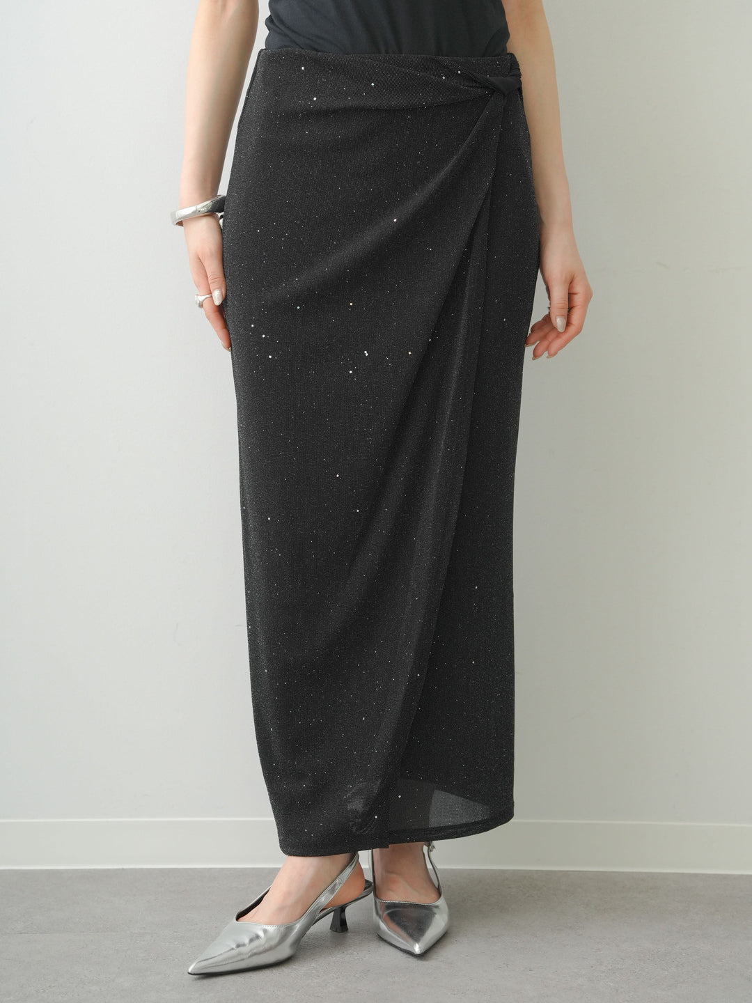 [予約]ラップデザインラメシアースカート/black
