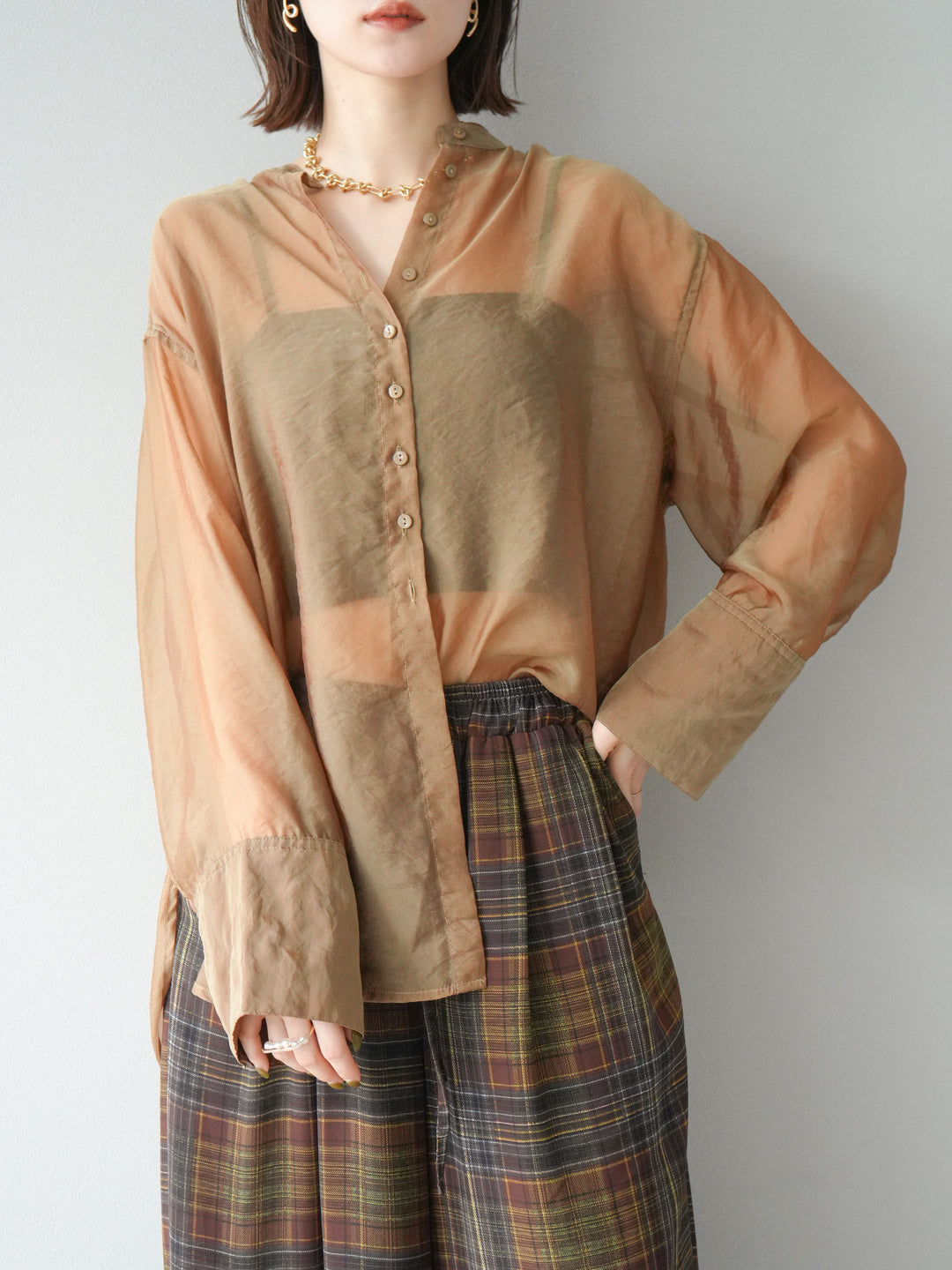 [SET] 亮面透視立領襯衫 + 亮面透視立領襯衫 (2 件套)