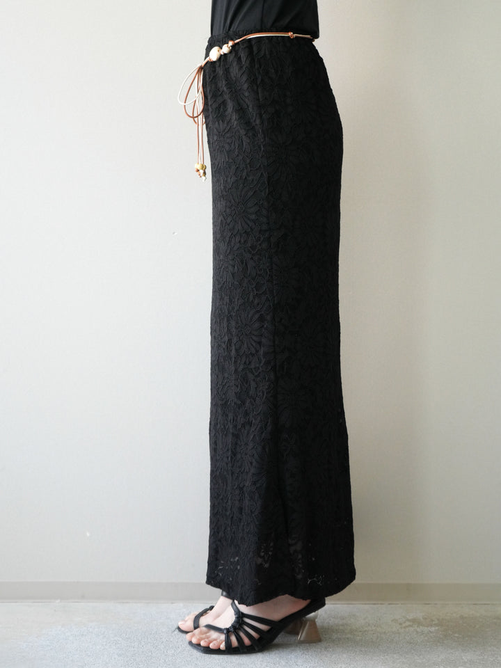 [予約]コードベルト付フラワーレーススカート/black