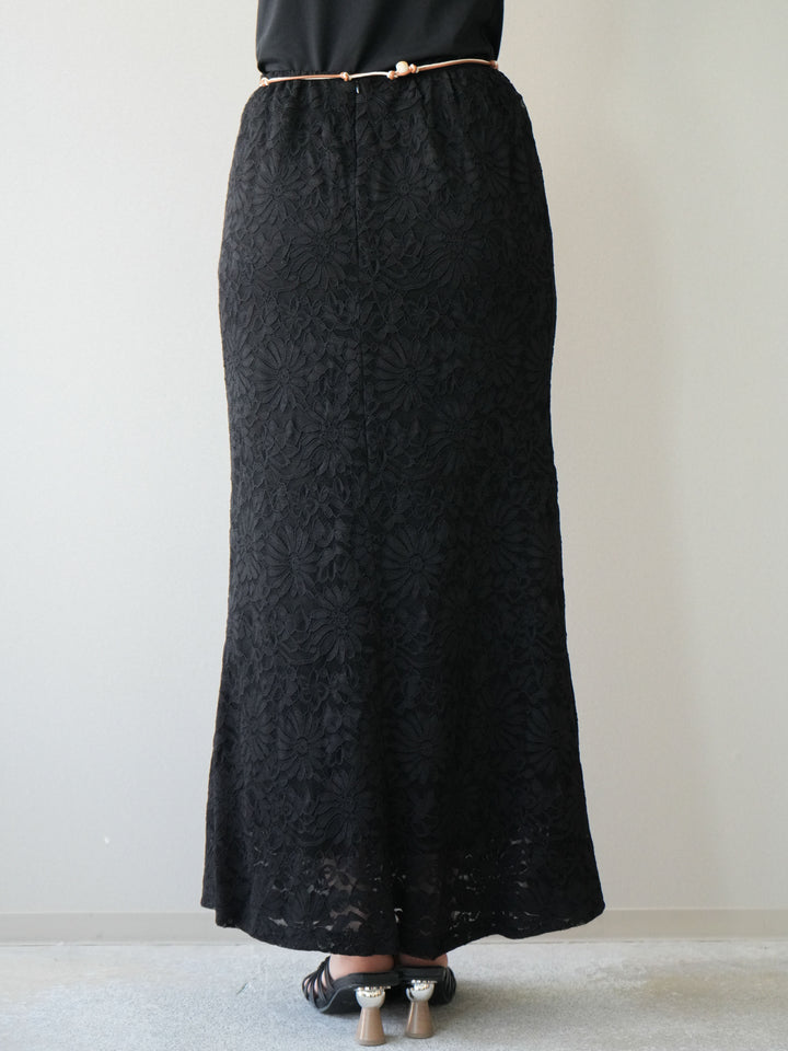 [予約]コードベルト付フラワーレーススカート/black