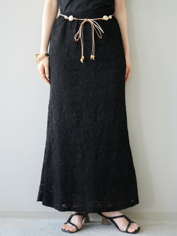 [予約]コードベルト付フラワーレーススカート/black