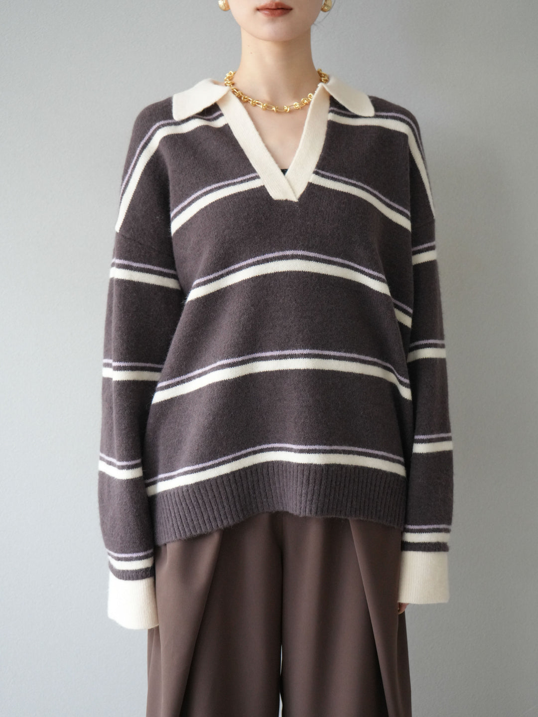[予約]ポロ襟スキッパーボーダーニットプルオーバー/ブラウン