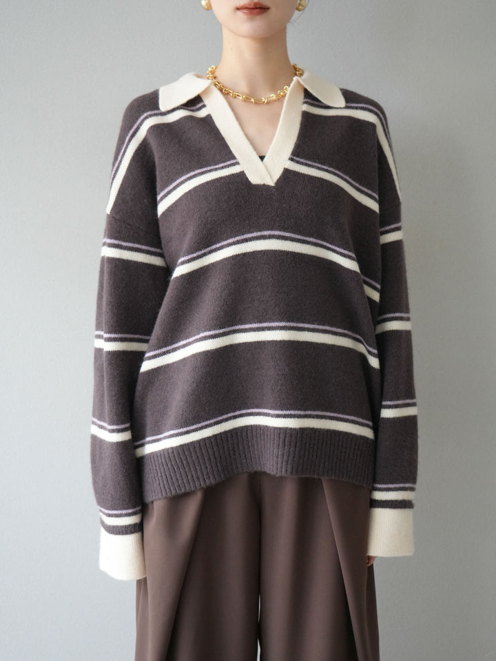 [予約]ポロ襟スキッパーボーダーニットプルオーバー/ブラウン
