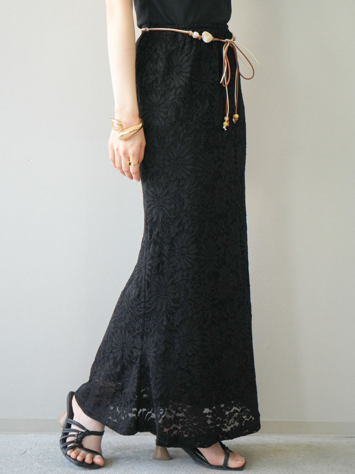 [予約]コードベルト付フラワーレーススカート/black