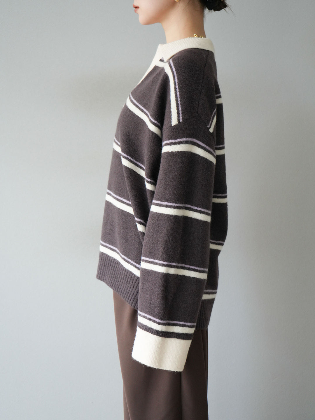 [予約]ポロ襟スキッパーボーダーニットプルオーバー/ブラウン