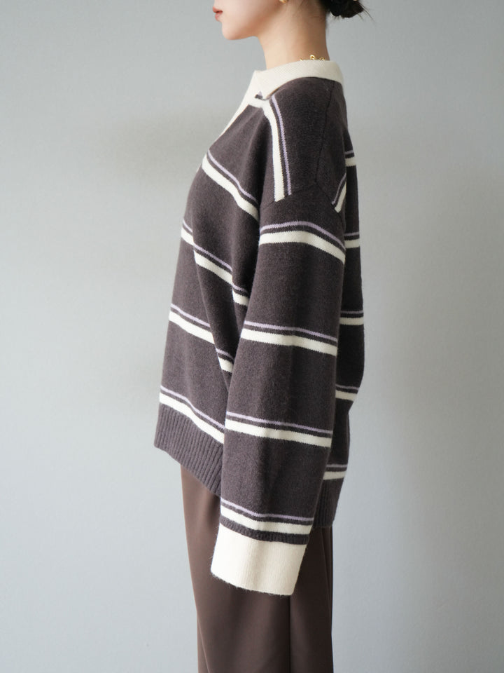 [予約]ポロ襟スキッパーボーダーニットプルオーバー/ブラウン