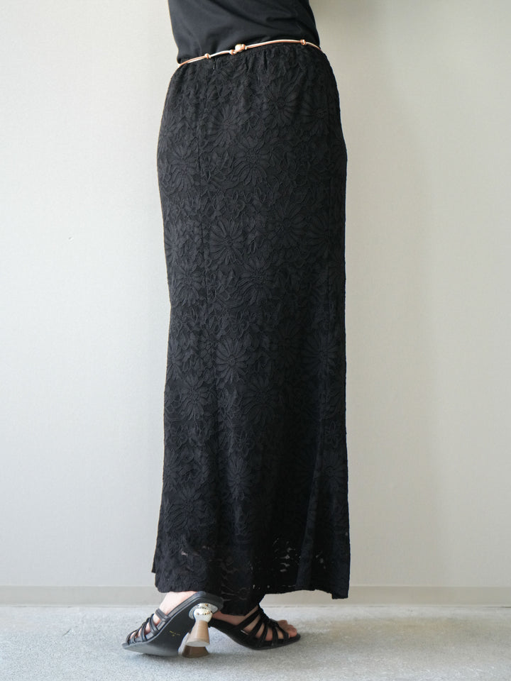 [予約]コードベルト付フラワーレーススカート/black