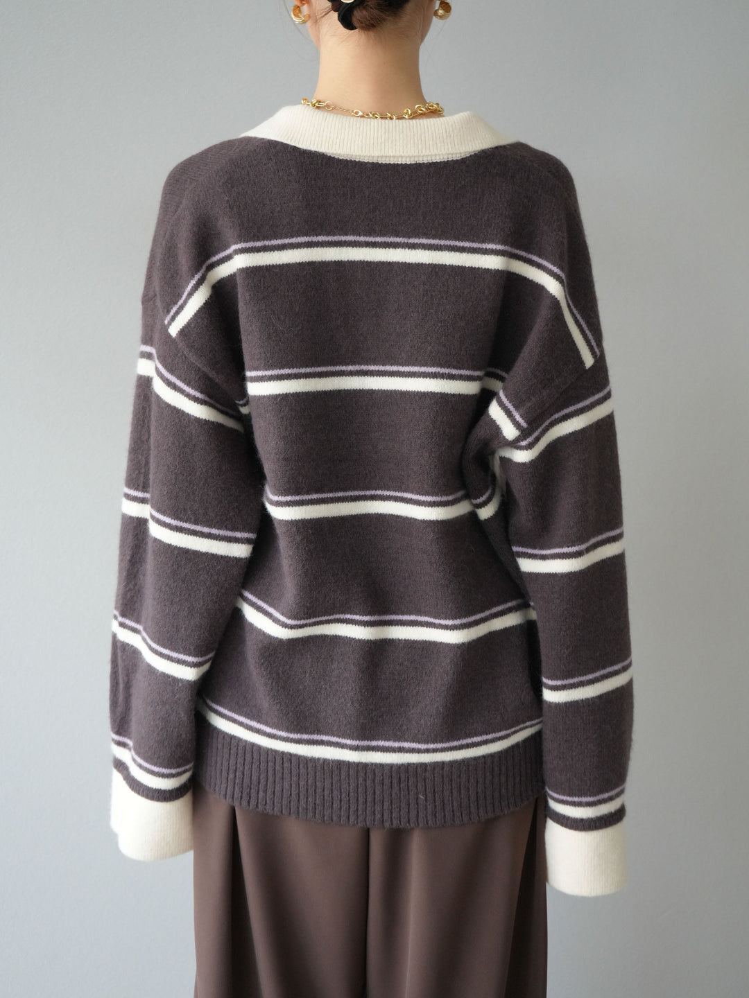 [予約]ポロ襟スキッパーボーダーニットプルオーバー/ブラウン