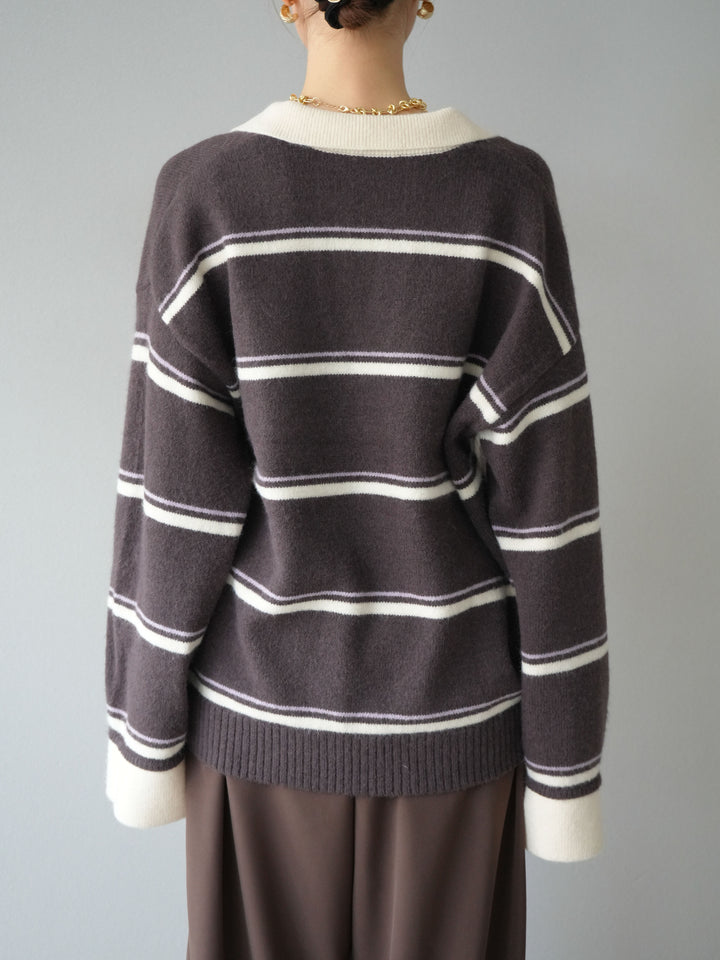 [予約]ポロ襟スキッパーボーダーニットプルオーバー/ブラウン