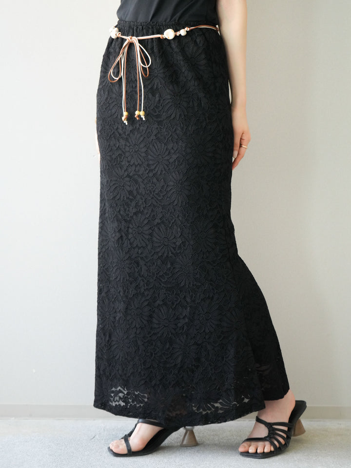 [予約]コードベルト付フラワーレーススカート/black