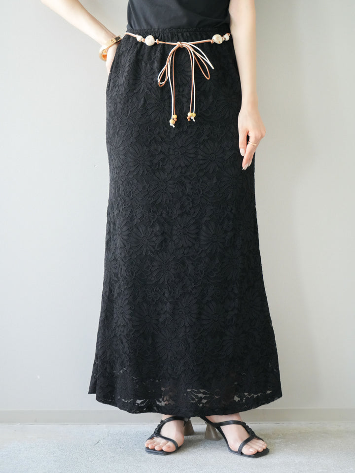 [予約]コードベルト付フラワーレーススカート/black
