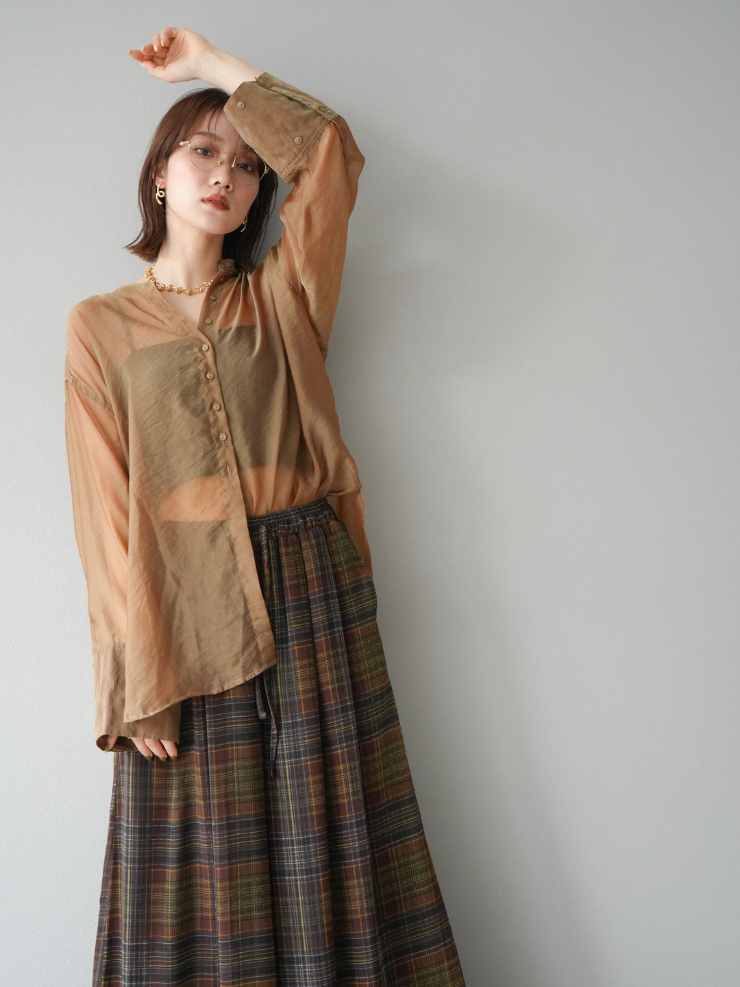 [SET] 亮面透視立領襯衫 + 亮面透視立領襯衫 (2 件套)