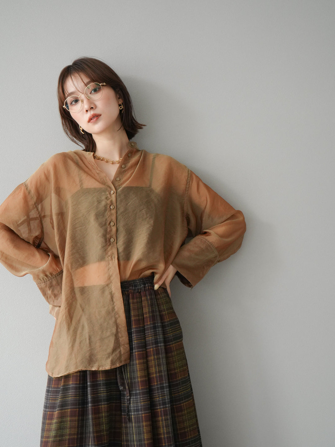 [SET] 亮面透視立領襯衫 + 亮面透視立領襯衫 (2 件套)