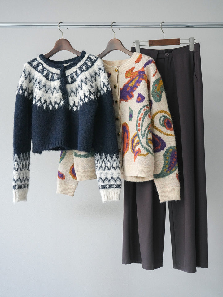 【着回しセット】[SET]求心柄クロップドニットカーディガン+ミックスヤーンペイズリー柄ニットカーディガン+ベルトループデザインワイドパンツ(3set)