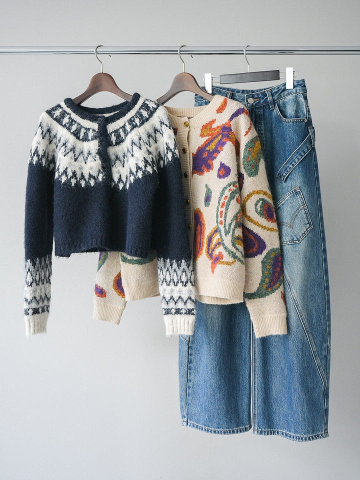 【着回しセット】[SET]求心柄クロップドニットカーディガン+ミックスヤーンペイズリー柄ニットカーディガン+ペインターカーブデニムパンツ(3set)