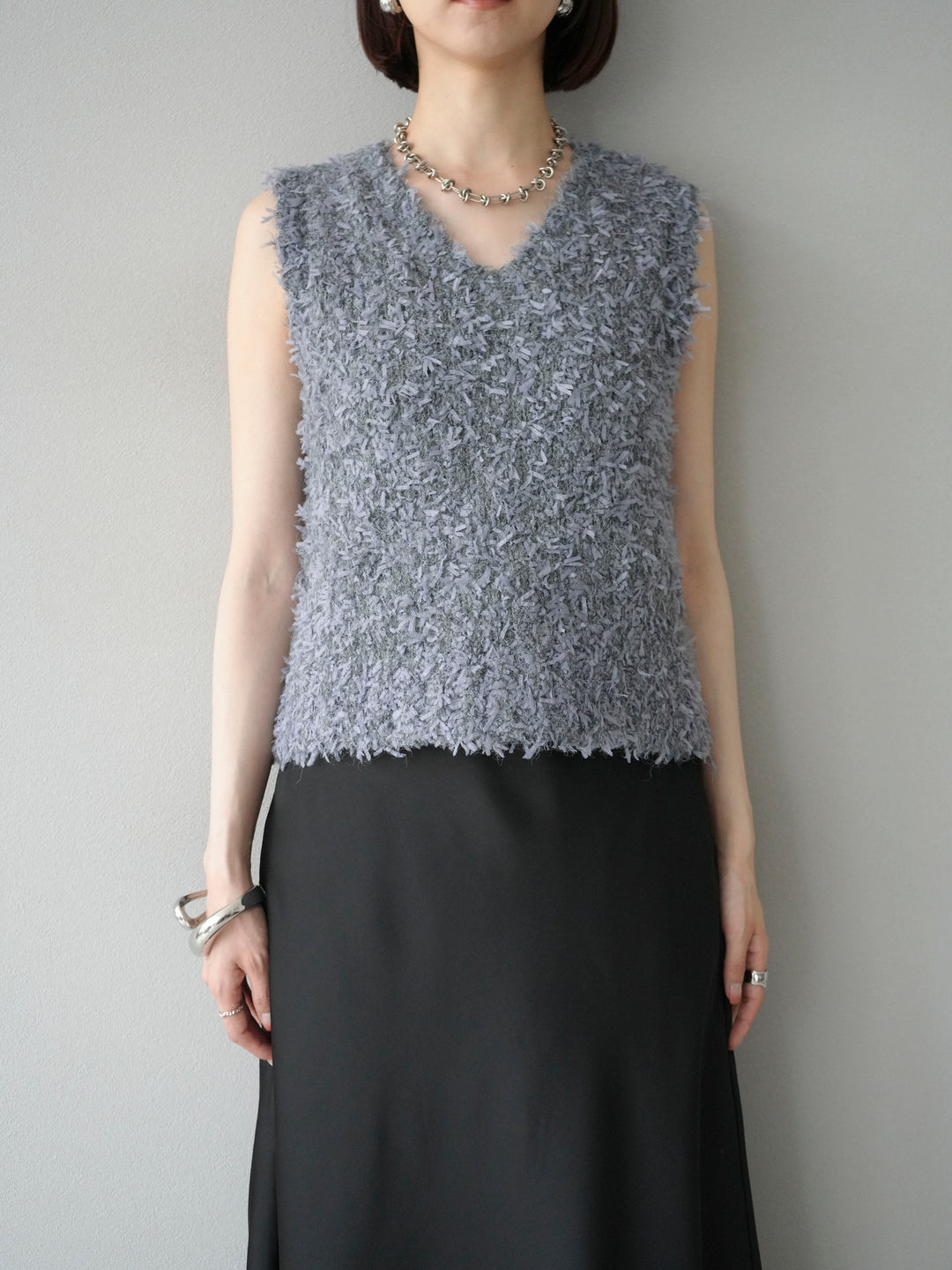 [予約]テープヤーンフリンジニットベスト/グレー