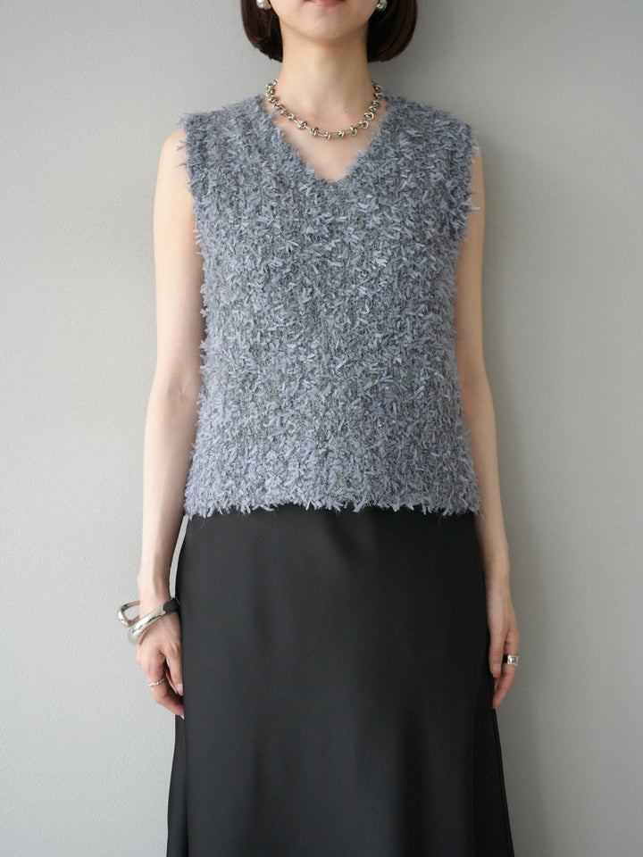[予約]テープヤーンフリンジニットベスト/グレー