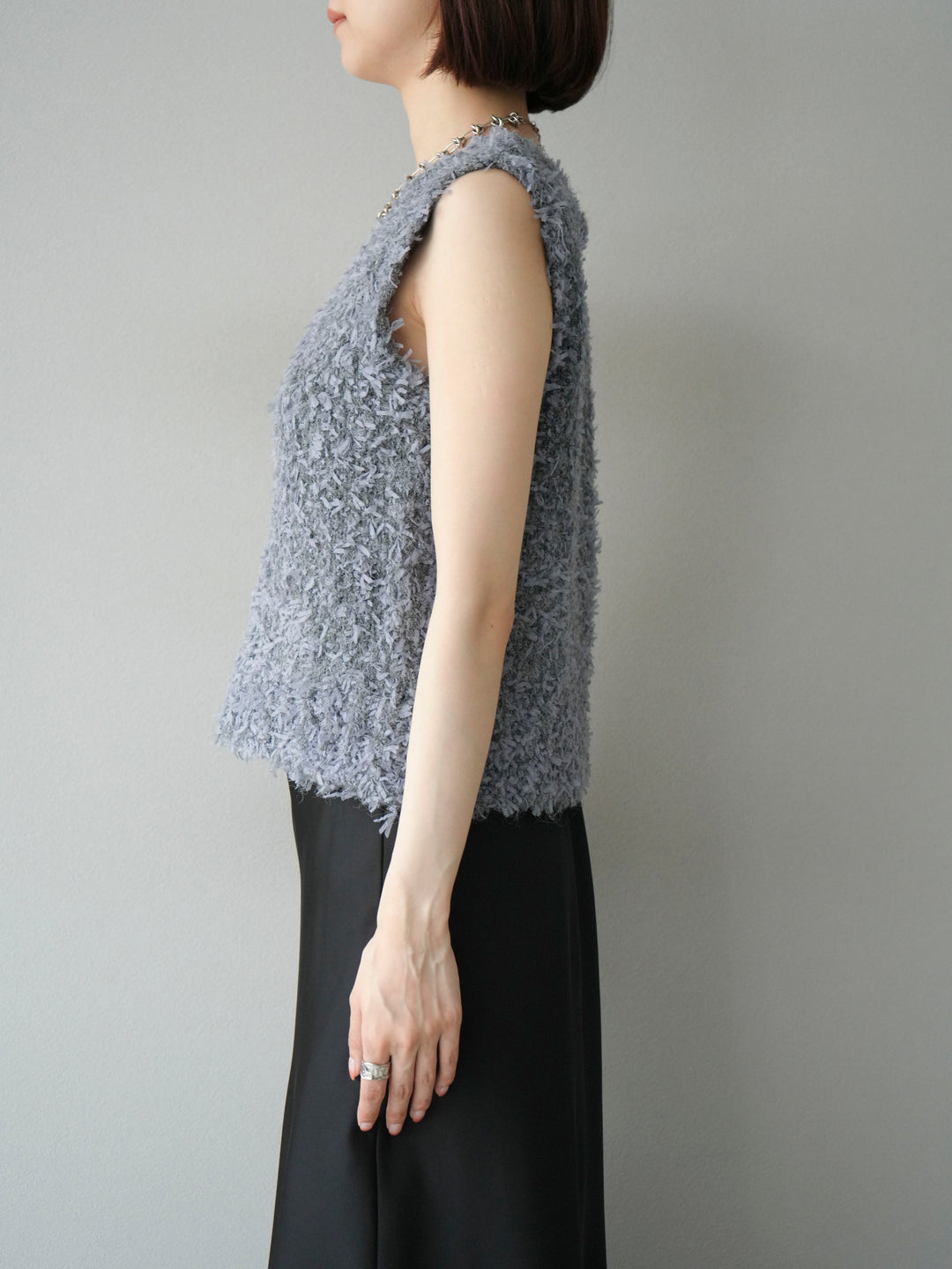 [予約]テープヤーンフリンジニットベスト/グレー