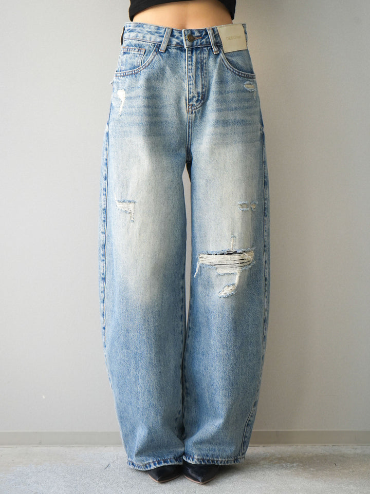 [予約]ダメージデニムセミワイドパンツ/lightblue