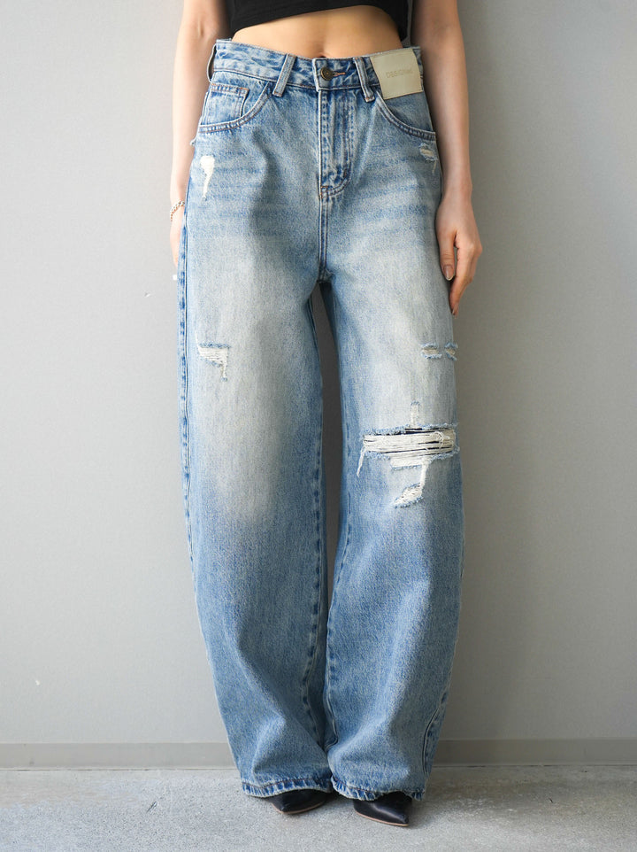 [予約]ダメージデニムセミワイドパンツ/lightblue