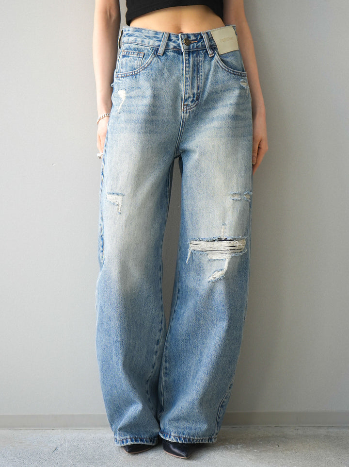 [予約]ダメージデニムセミワイドパンツ/lightblue