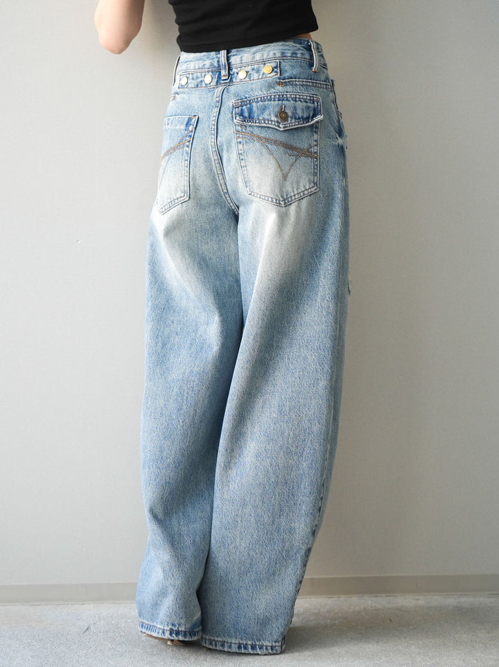 [予約]ダメージデニムセミワイドパンツ/lightblue