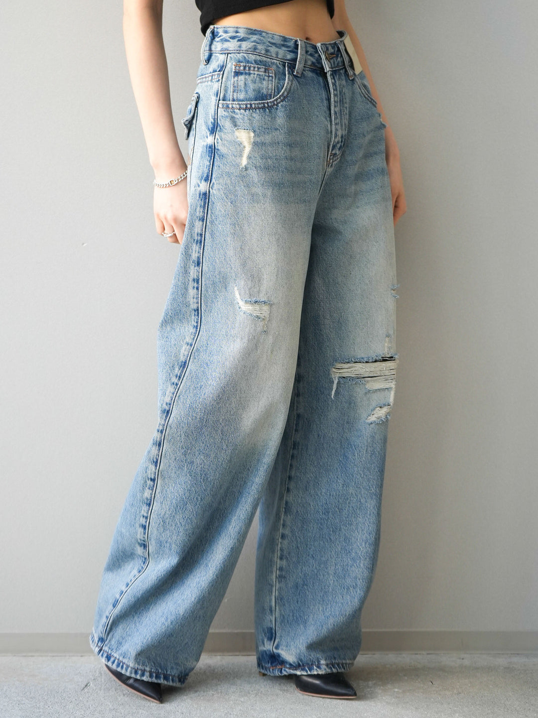 [予約]ダメージデニムセミワイドパンツ/lightblue