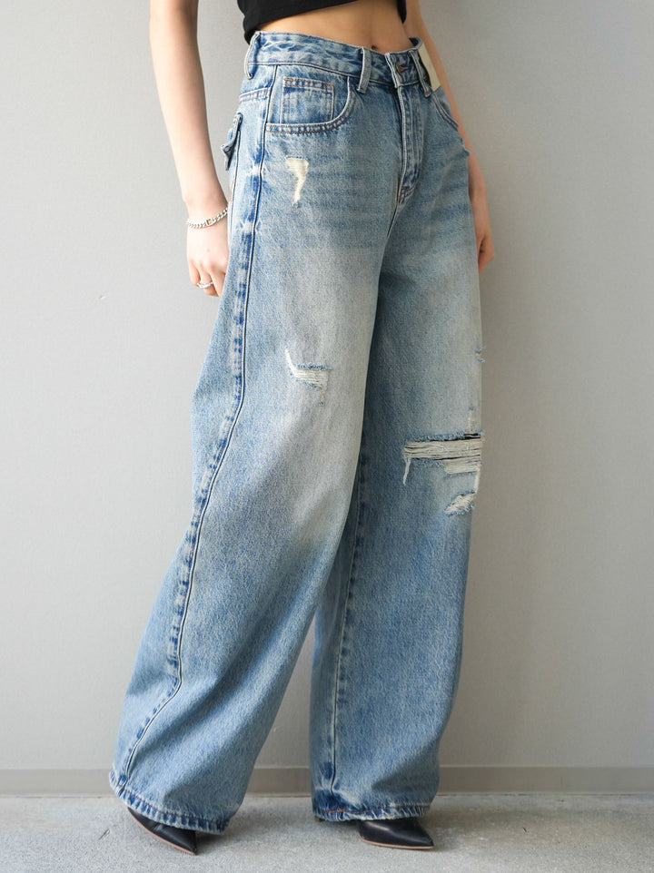 [予約]ダメージデニムセミワイドパンツ/lightblue