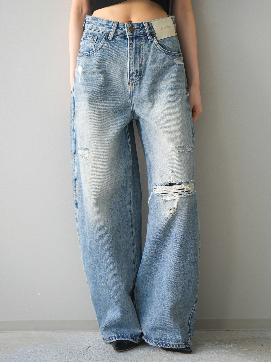 [予約]ダメージデニムセミワイドパンツ/lightblue