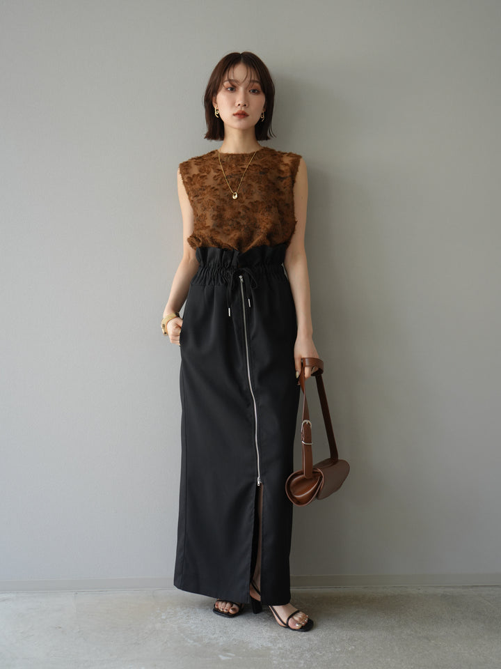 [予約]ニュアンスフリンジジャガードノースリーブブラウス/ブラウン