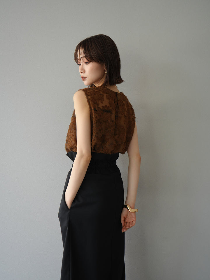 [予約]ニュアンスフリンジジャガードノースリーブブラウス/ブラウン