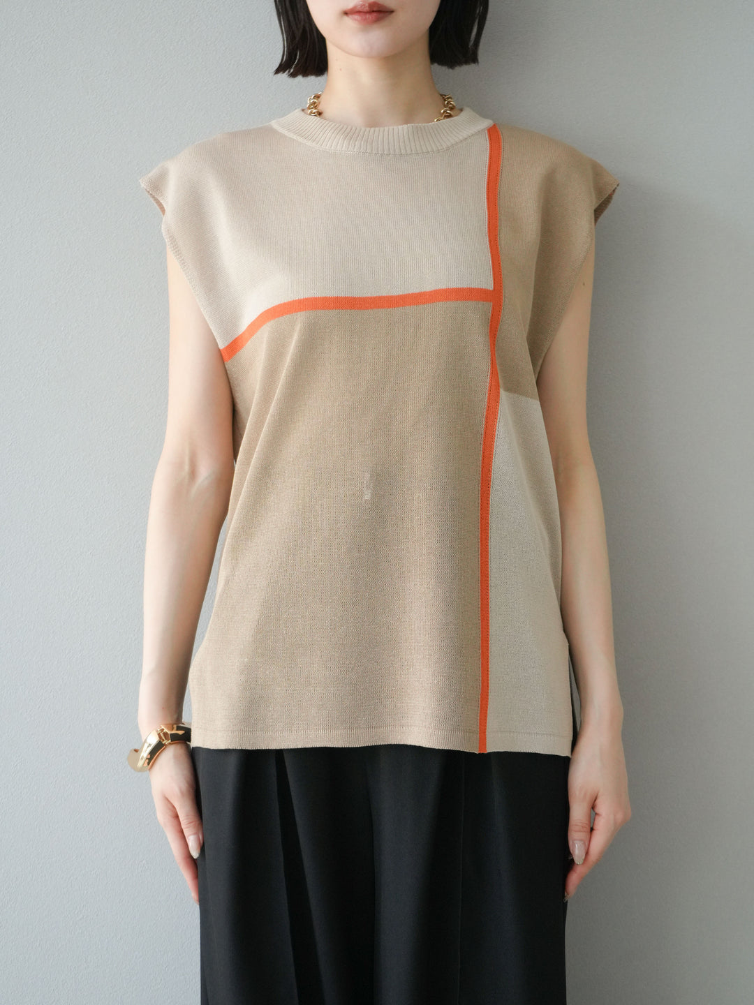 [予約]配色ノースリーブニットプルオーバー/ベージュ