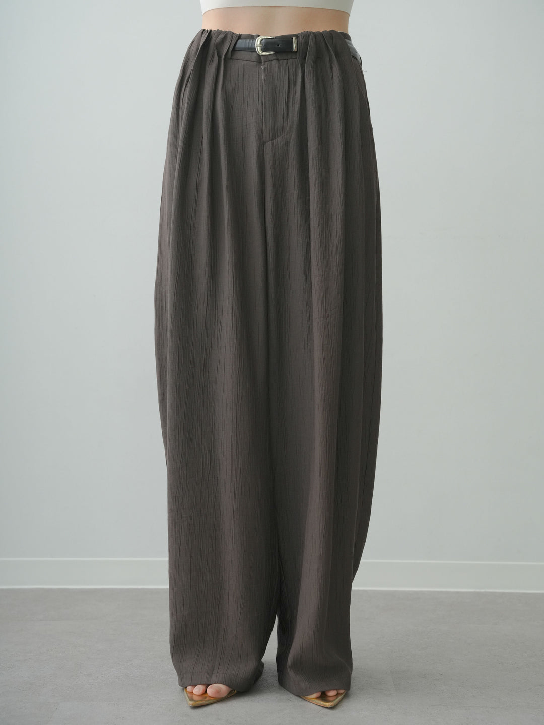[予約]ベルト付ワッシャーライトワイドパンツ/brown