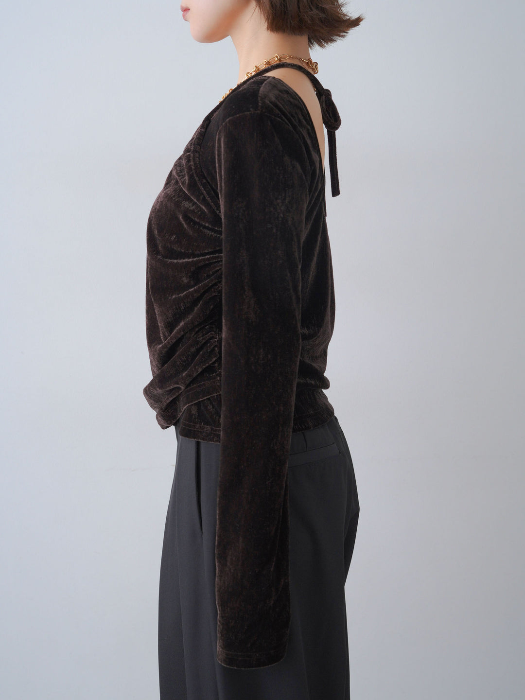 [予約]ベロアレイヤードデザイントップス/brown