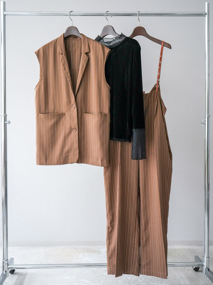 【着回しセット】[SET]ヘリンボーンストライプジレ+シアー切替ベロアトップス+ヘリンボーンストライプサロペット(3set)