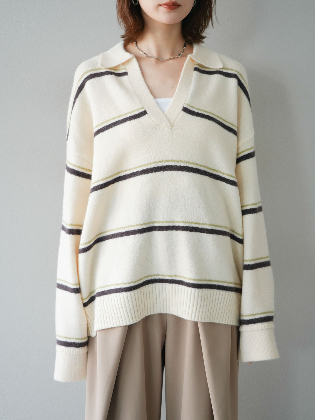 [予約]ポロ襟スキッパーボーダーニットプルオーバー/アイボリー