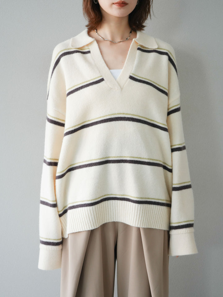[予約]ポロ襟スキッパーボーダーニットプルオーバー/アイボリー