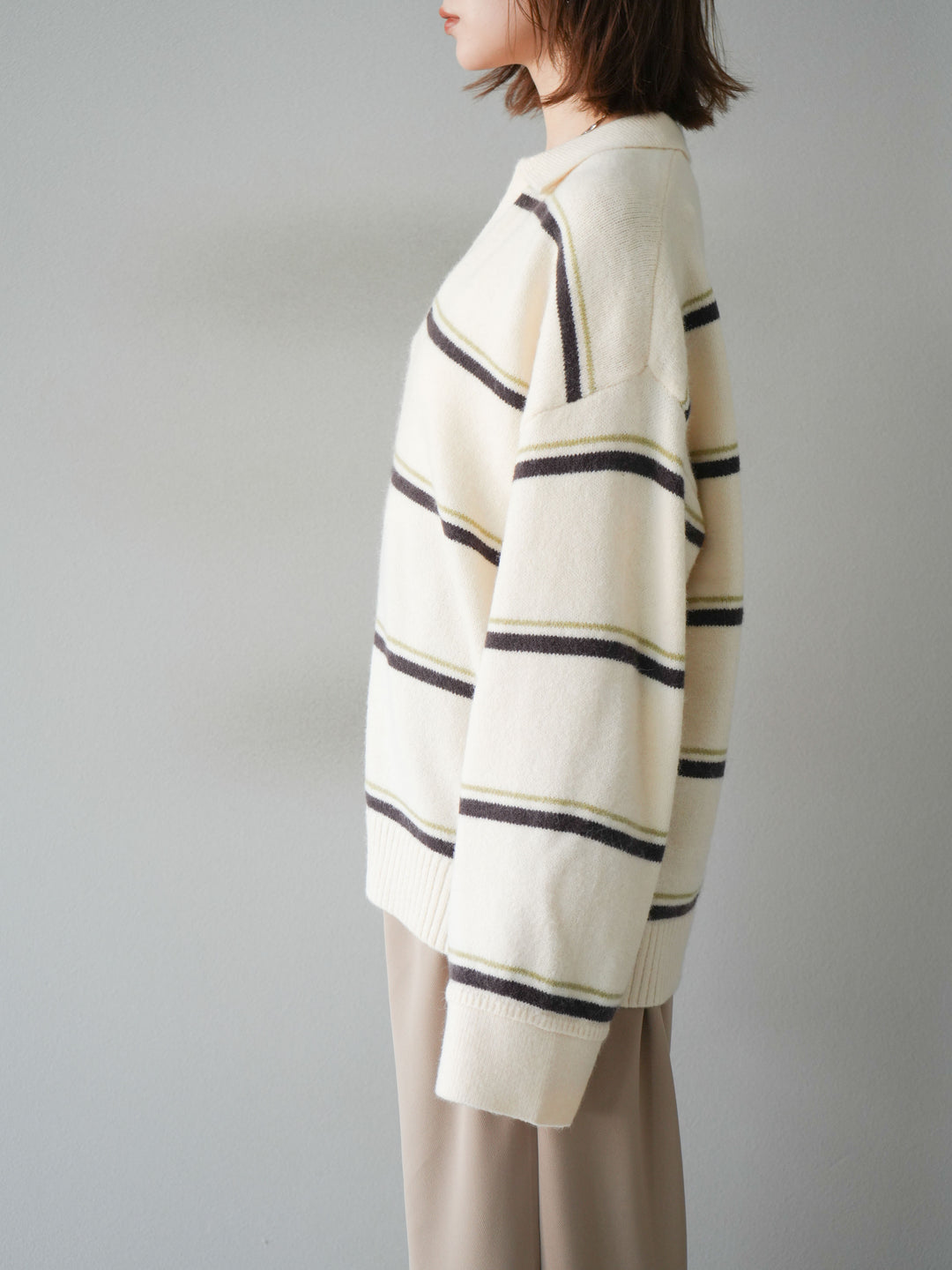 [予約]ポロ襟スキッパーボーダーニットプルオーバー/アイボリー