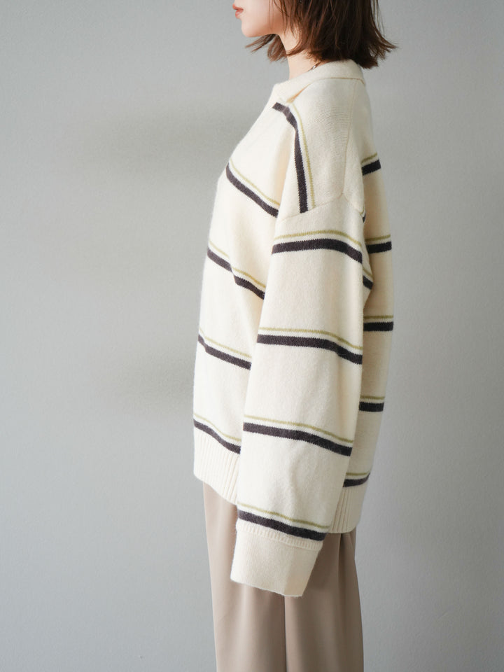 [予約]ポロ襟スキッパーボーダーニットプルオーバー/アイボリー