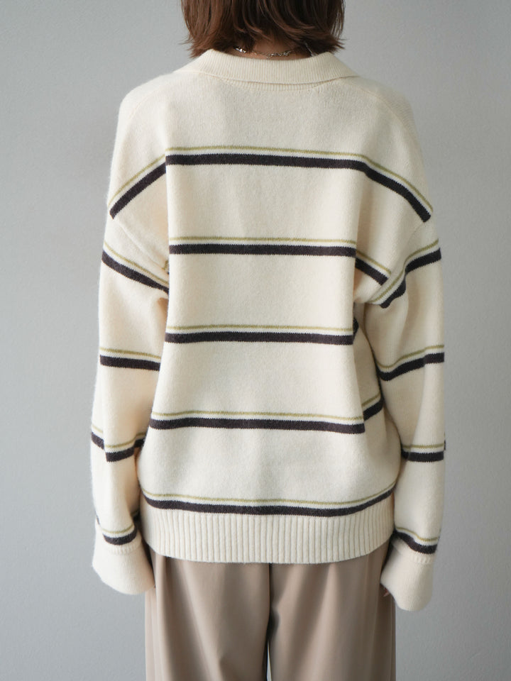 [予約]ポロ襟スキッパーボーダーニットプルオーバー/アイボリー