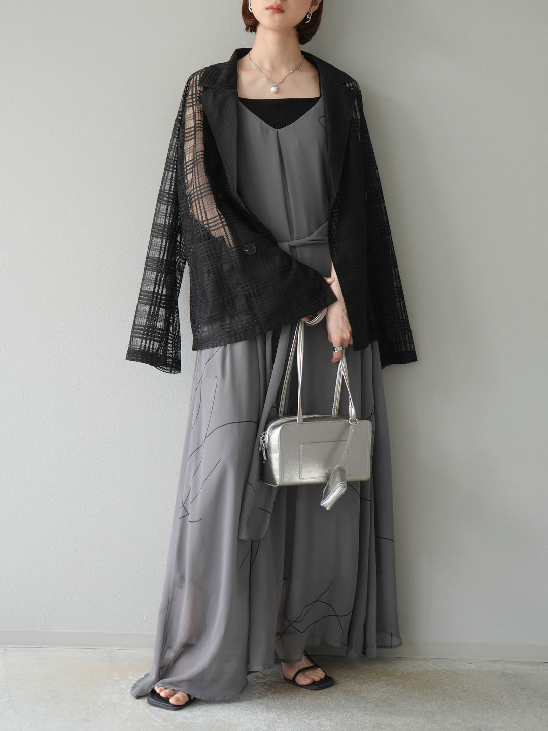 [予約]ペンタッチシフォンキャミワンピース/グレー