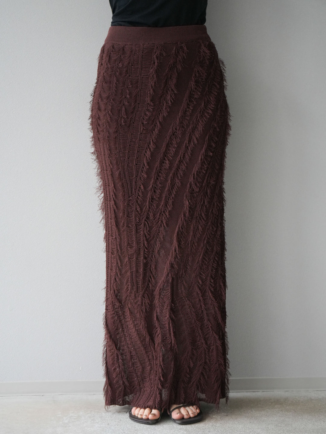 [予約]ミックスヤーンフリンジタイトスカート/ブラウン