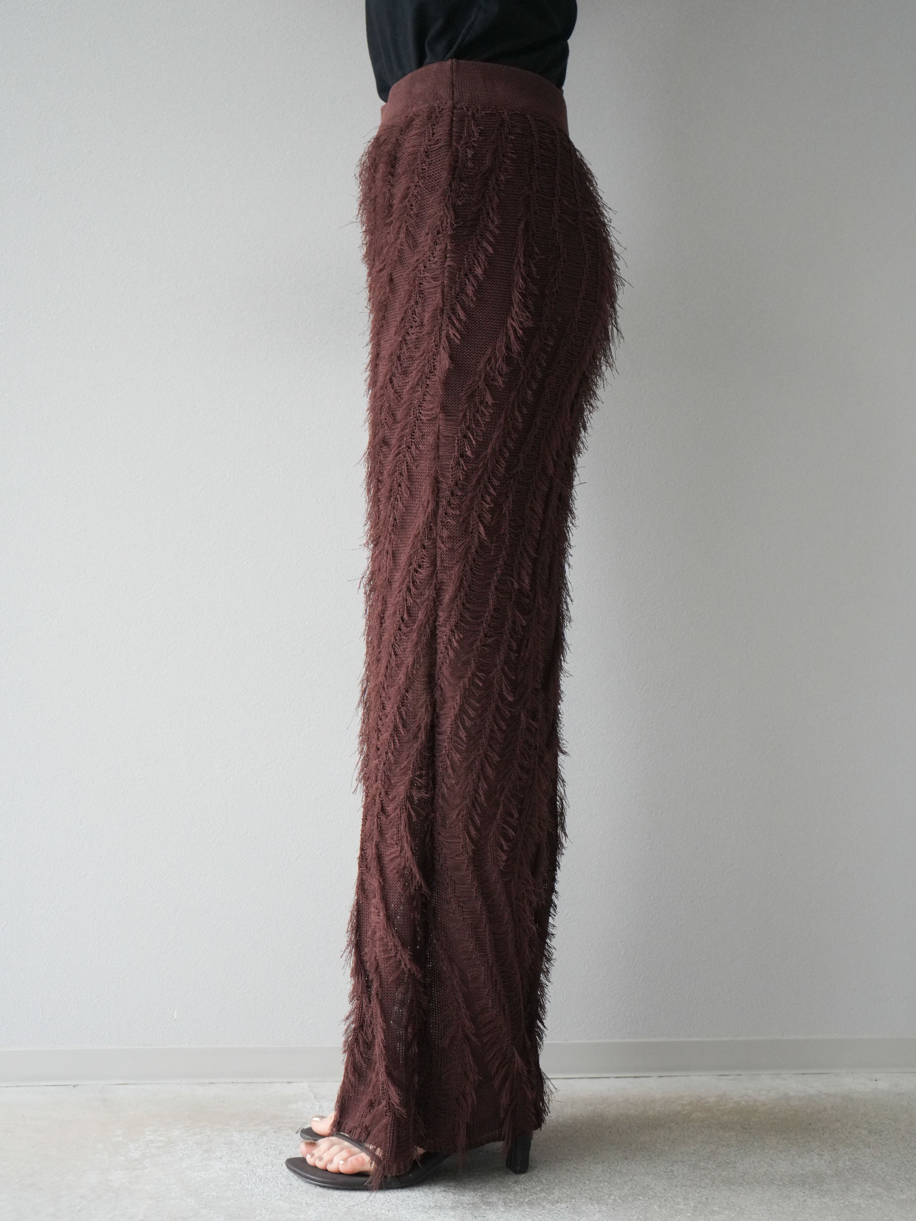 予約]ミックスヤーンフリンジタイトスカート/ブラウン – Lumier