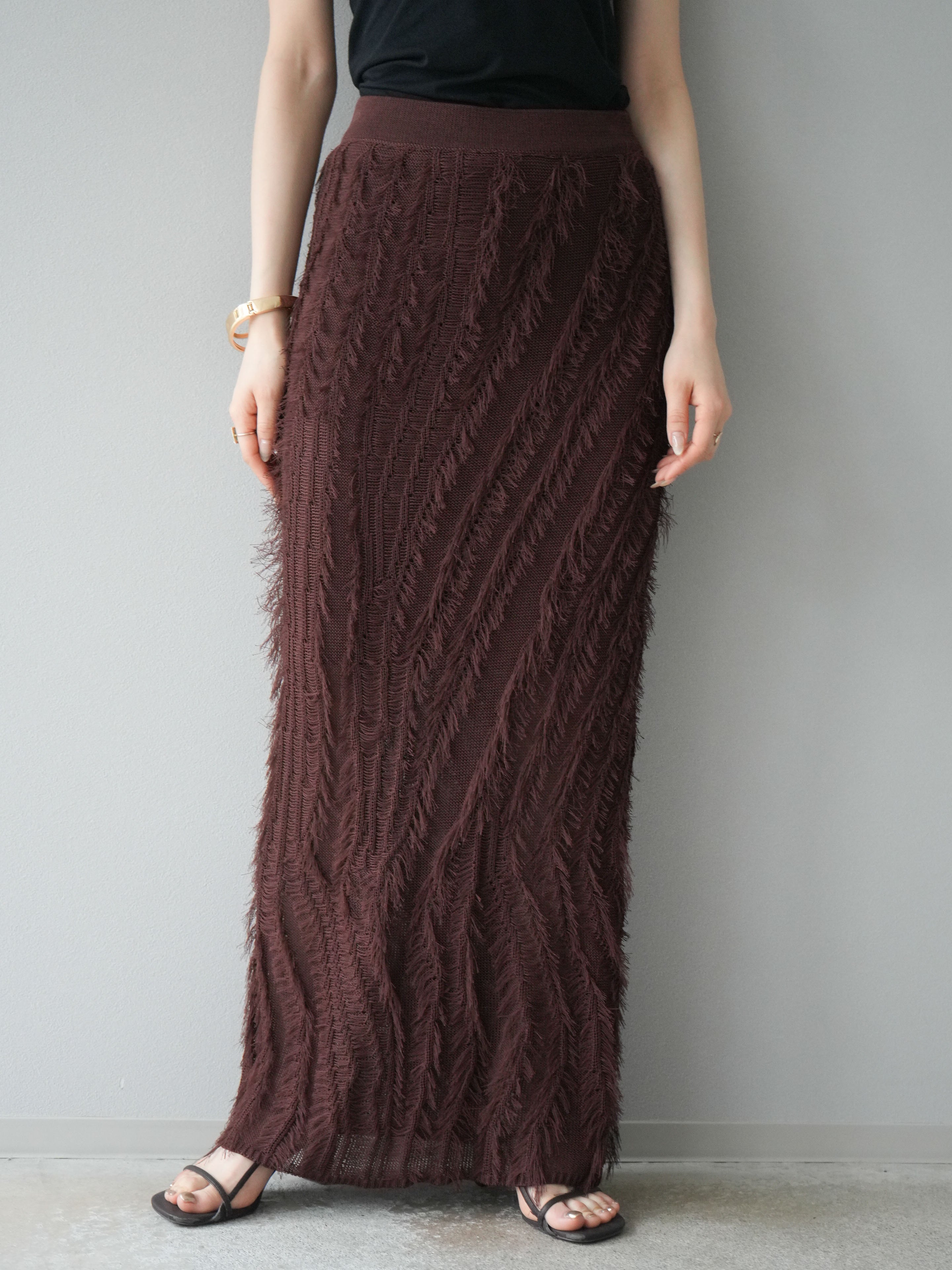 予約]ミックスヤーンフリンジタイトスカート/ブラウン – Lumier