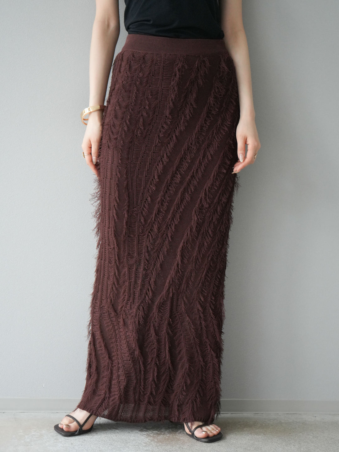 [予約]ミックスヤーンフリンジタイトスカート/ブラウン