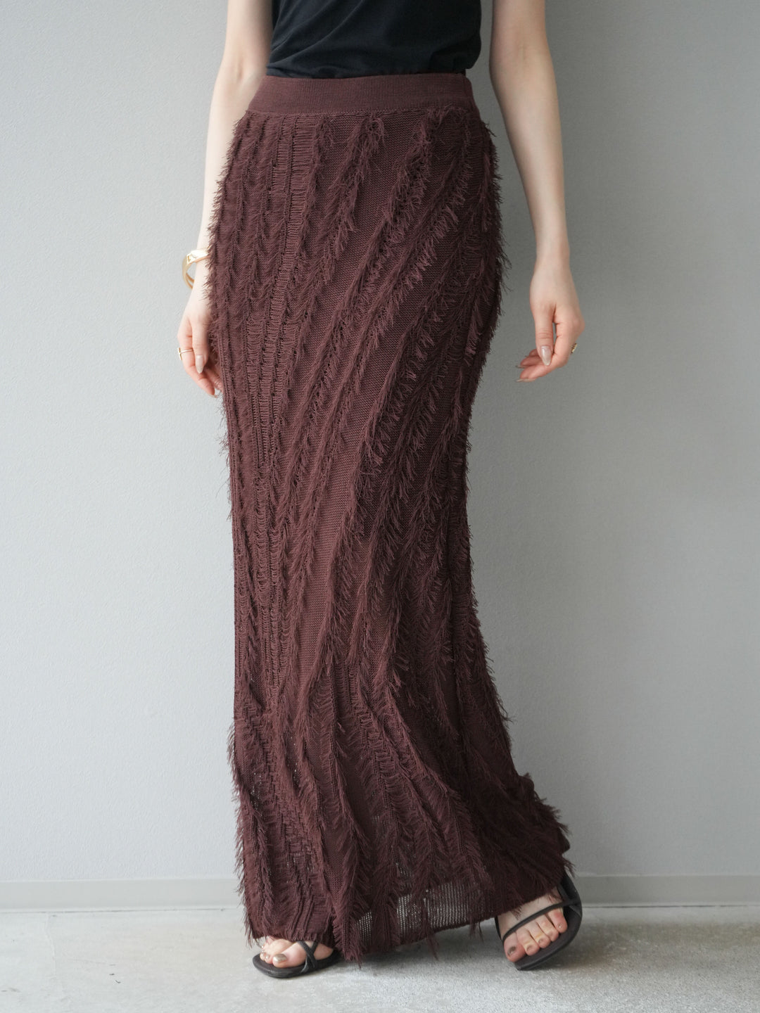 [予約]ミックスヤーンフリンジタイトスカート/ブラウン