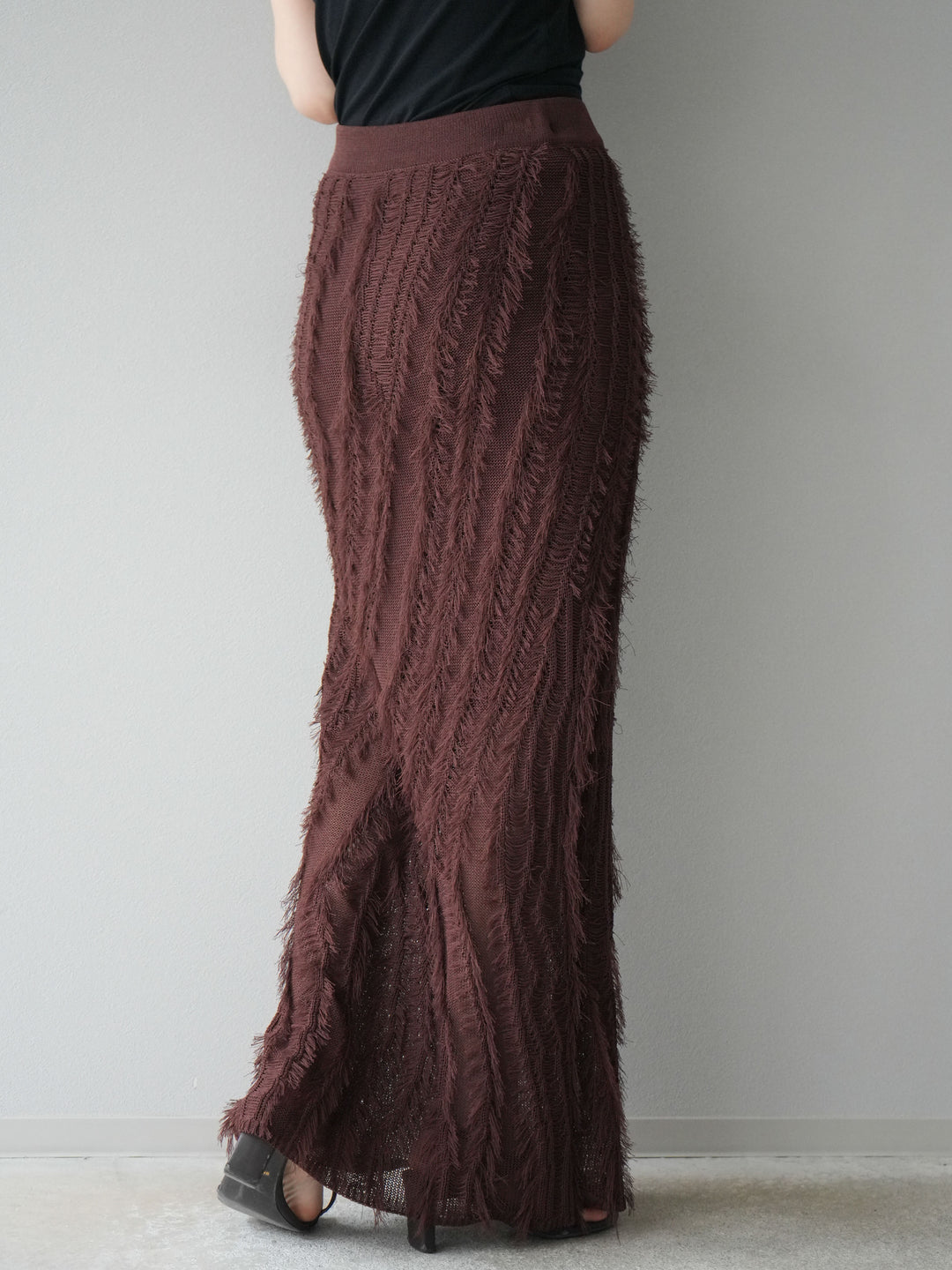 [予約]ミックスヤーンフリンジタイトスカート/ブラウン